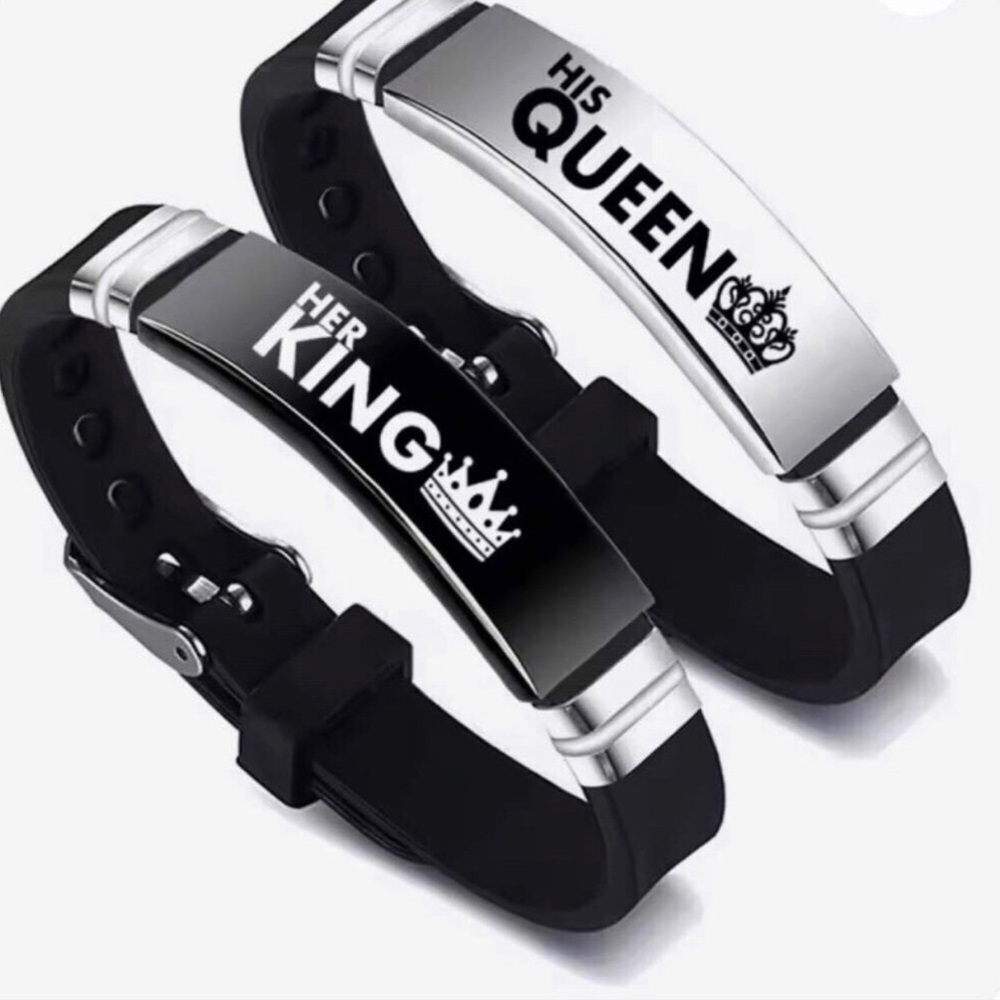 His Queen / Her King Silicone Couple Bracelets - Black & Silver